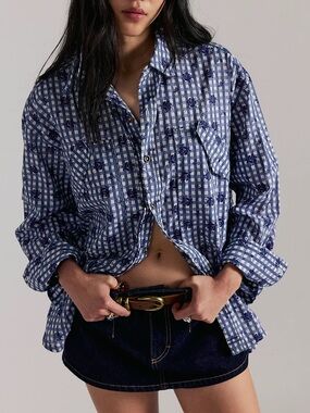 Free People Hidden Flower Button-Up Gingham Shirt - Navy Blue Combo - L - NWT